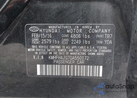 2016 Hyundai Azera Limited z USA, uszkodzony, nr VIN KMHFH4JG7GA550172